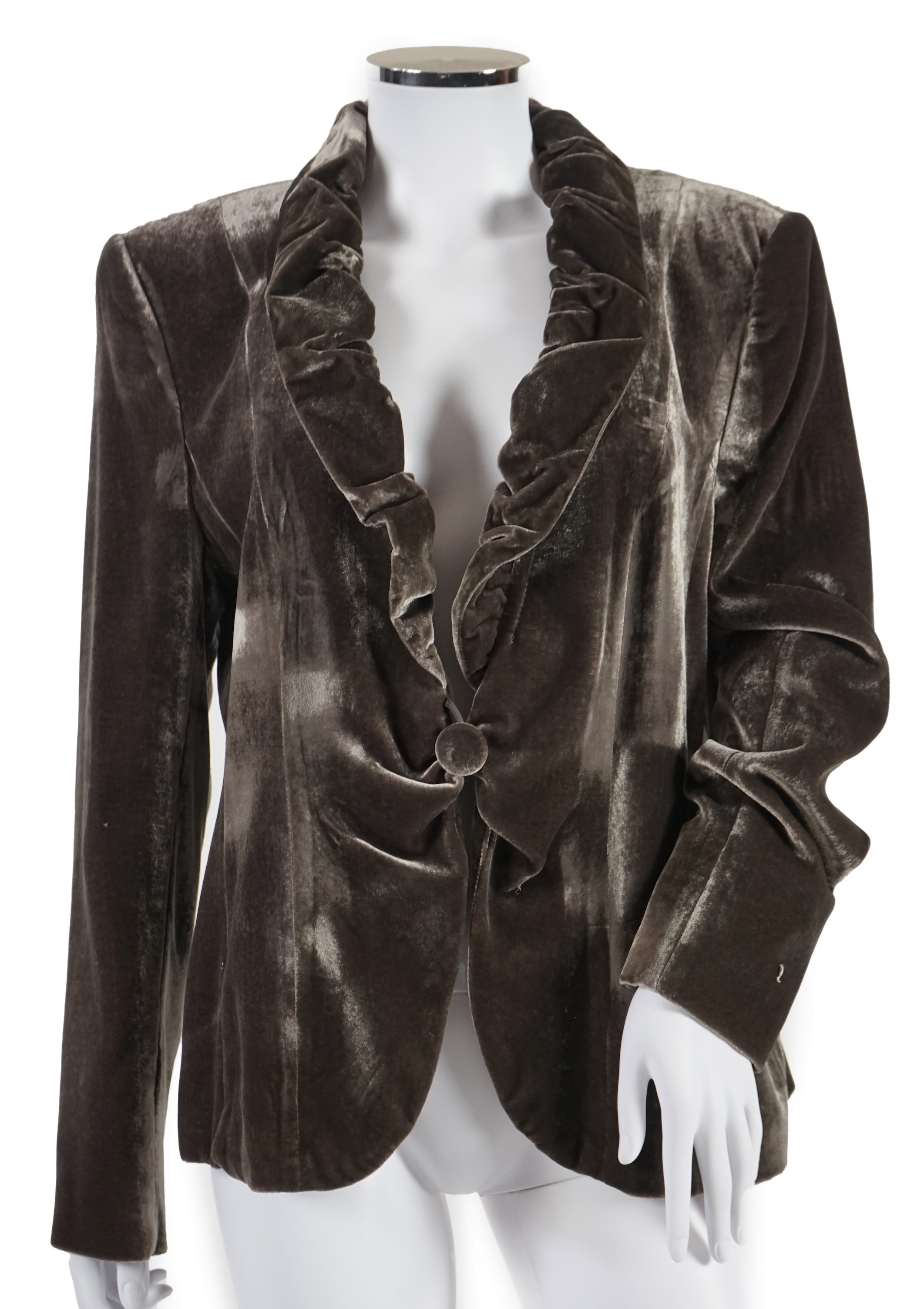 An Elegance lady's trench coat, a velvet jacket and a wool blazer. Approx sizes 14 - 16 Proceeds to Happy Paws Puppy Rescue